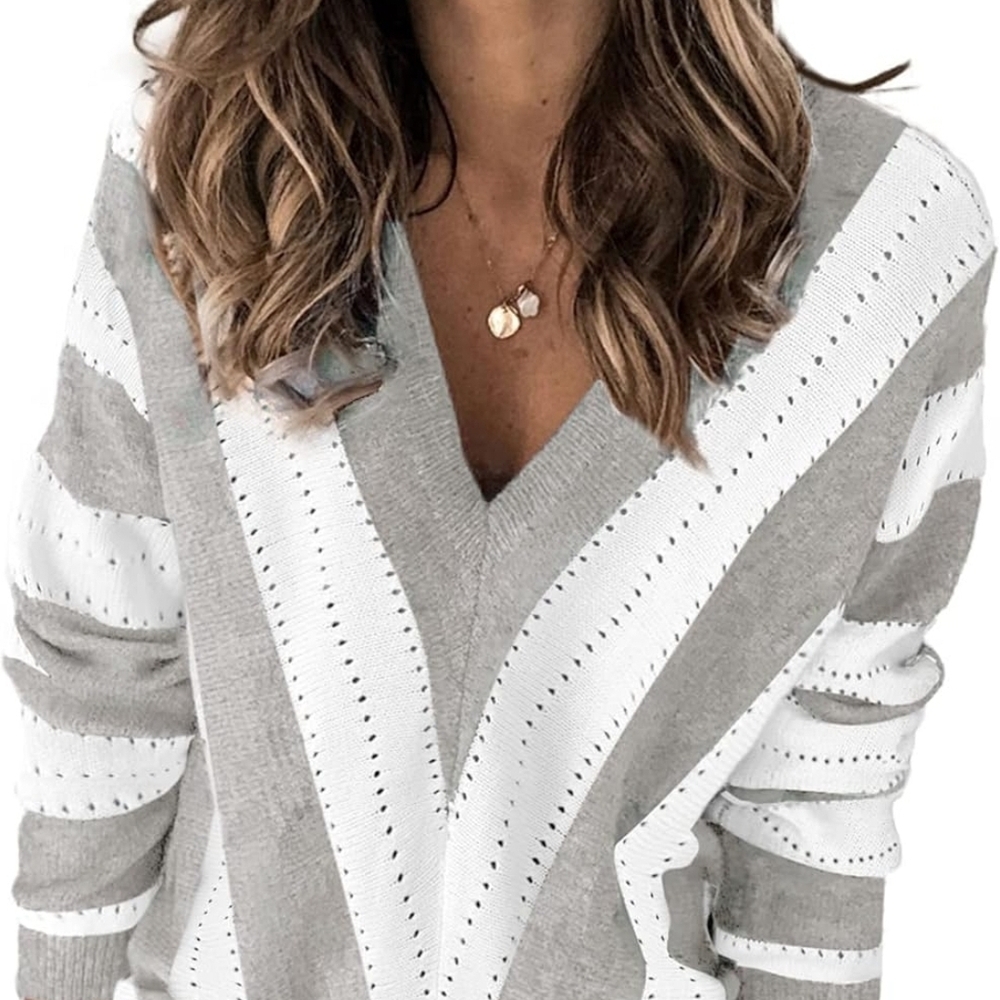 Striped V-Neck Eyelet Sweater - Beige and White